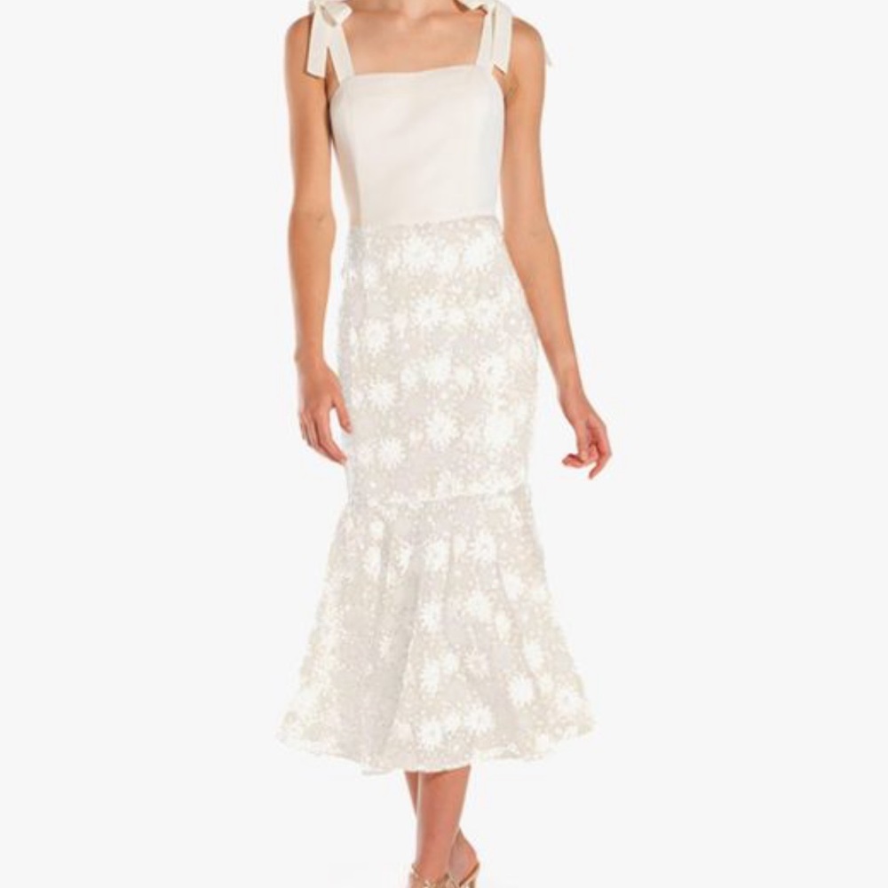 Tie-Shoulder White Midi Dress with Lace Skirt